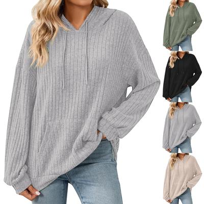 Damen Modischer Lockerer Langärmliger Kapuzenpullover mit Kordelzug und Tasche, Einfarbiges Oberteil