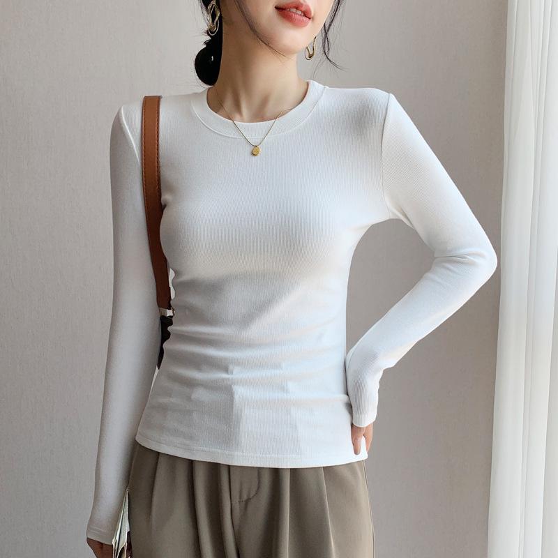 

Женская белая футболка с длинным рукавом и рубчатым круглым вырезом, облегающего кроя, для ранней весны и осени 2025 года 2XL