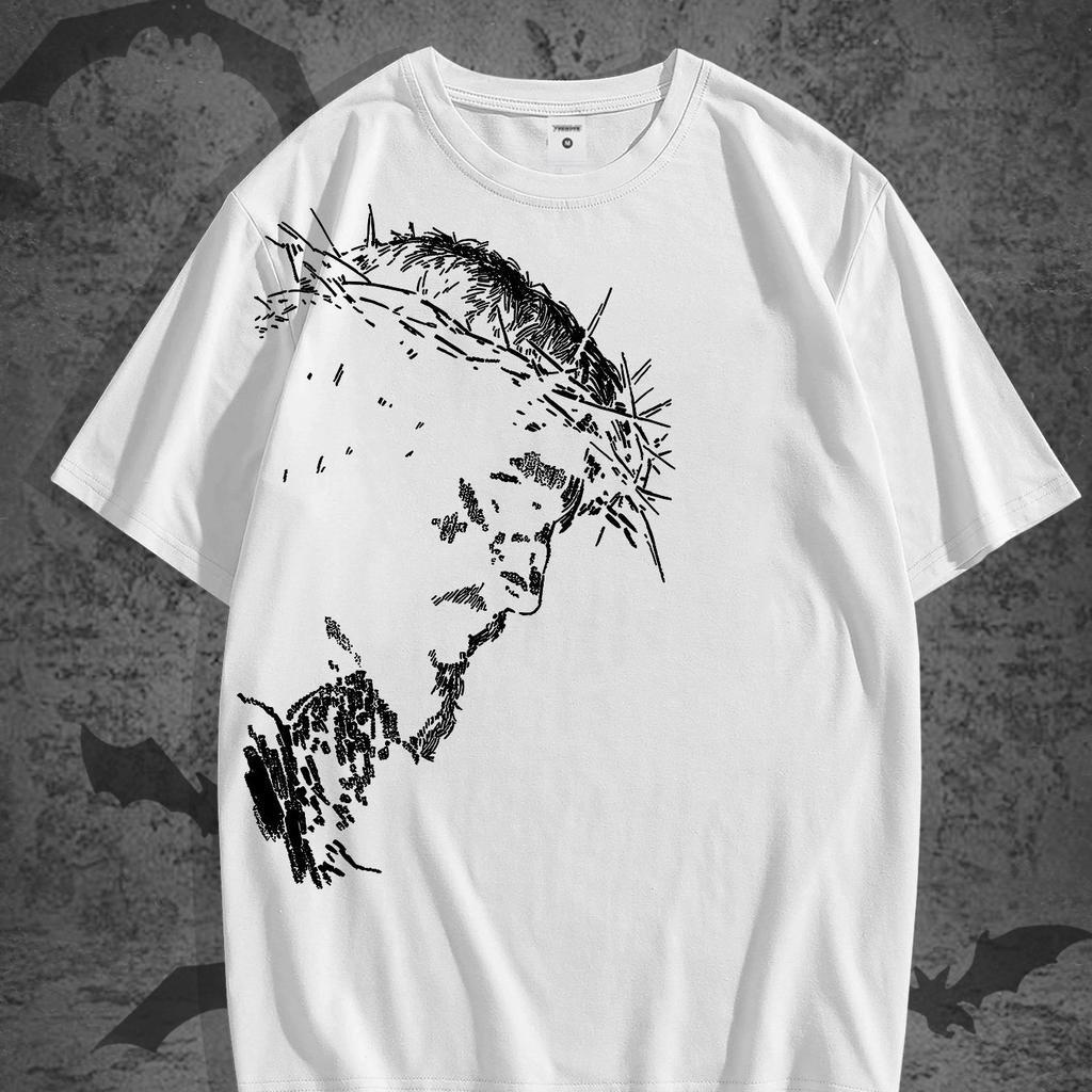 Vintage Jesus Head Print T-Shirt - Distressed Religious Icon Suitable for Church, Study & Casual Wear - Solid Color Round Neck Summer 