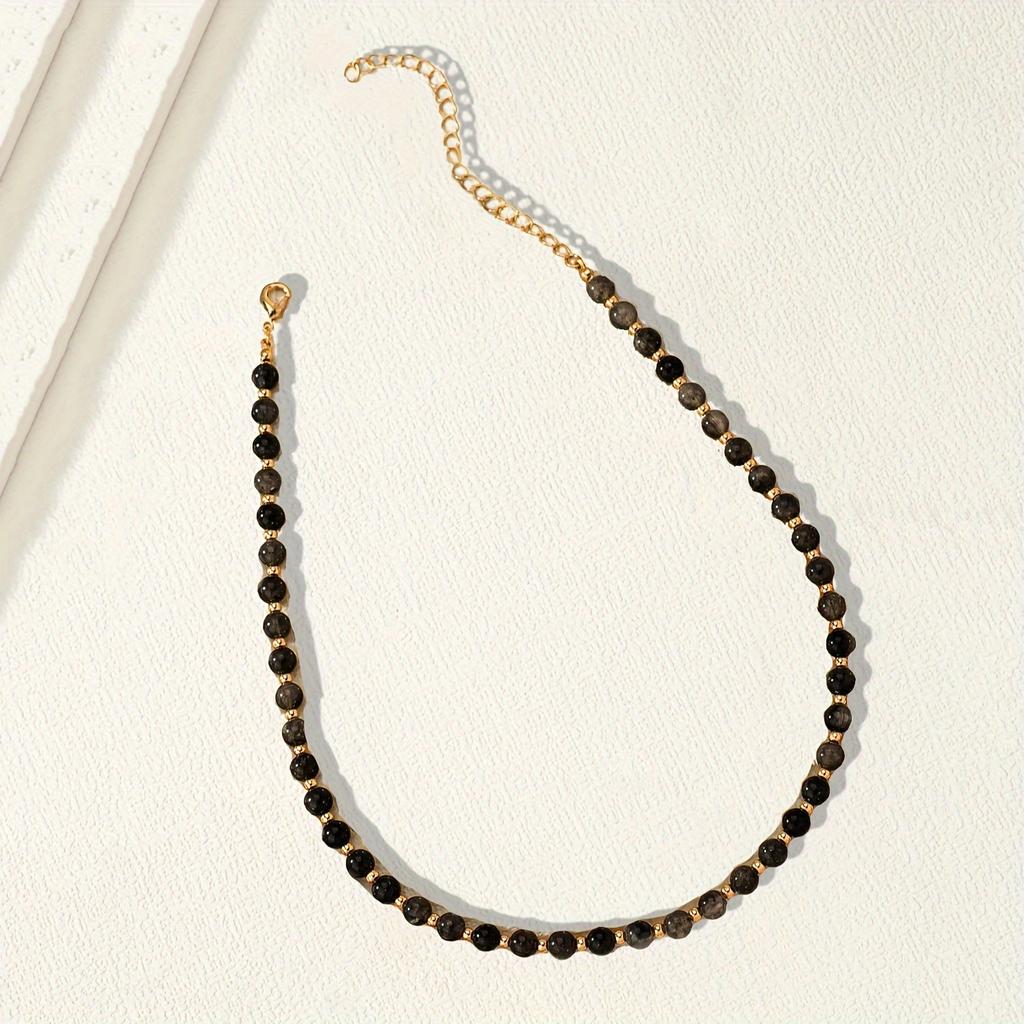 1 set of 3 golden yellow metal chains, black and white pearls, beaded temperament, party necklace, stylish