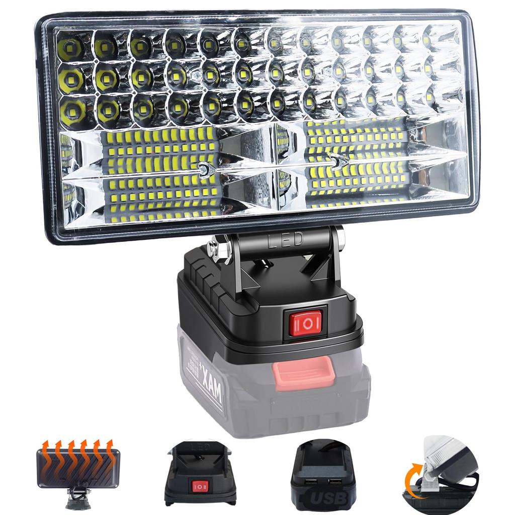 Luz de Trabalho LED Sem Fio, 8000 Lúmens, Compatível com 14.4V18V, Luz de Pesca, Portas de Carregamento de Saída Dupla, IP66 à Prova d'Água e à Prova de Poeira, Potência