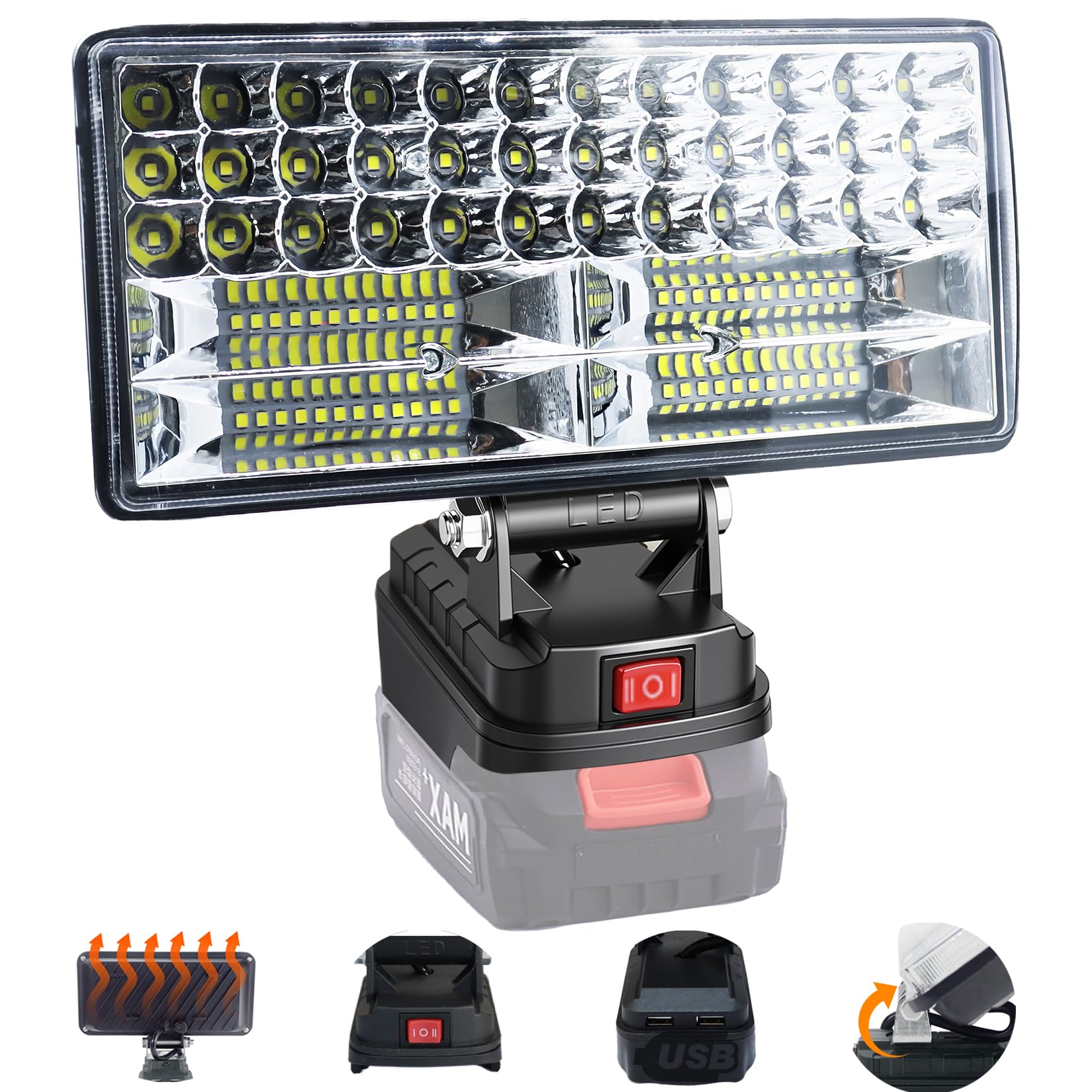 

Беспроводной светодиодный рабочий фонарь, 8000 люмен, Совместимый с 14.4V18V, Фонарь для рыбалки, Двойные выходные порты для зарядки, Водонепроницаемый и пыленепроницаемый IP66, Мощность