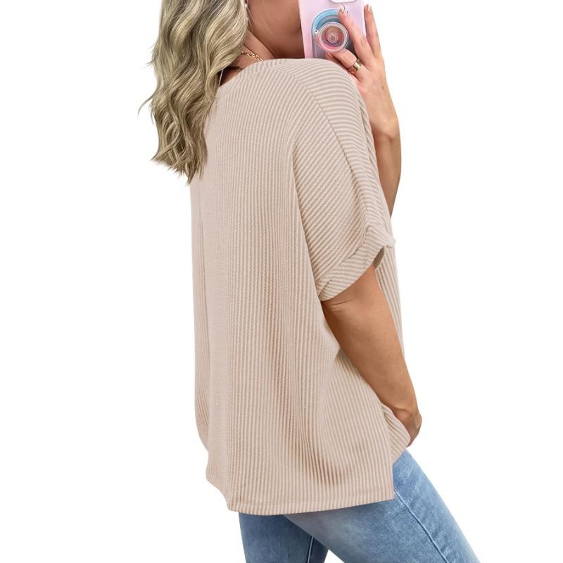 Loose Round Neck Batwing Sleeve Striped Pullover Short Sleeve Casual T Shirt