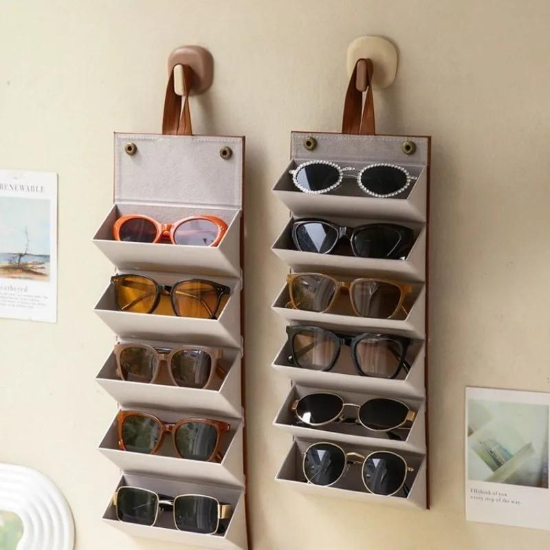 Retro Foldable Glasses Organizer - PU Leather 4/6 Slot Eyewear Case, Portable Sunglasses Holder for Purse/Backpack Storage
