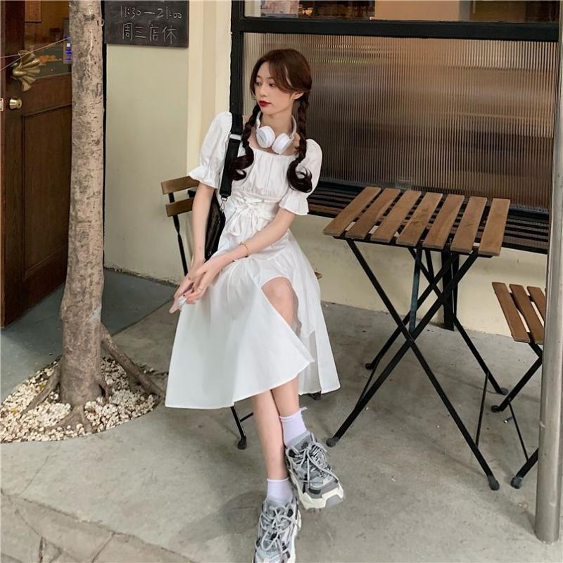 Irregular Hem Solid Color Dresses Female Summer Design Sense Bubble Sleeve Dress