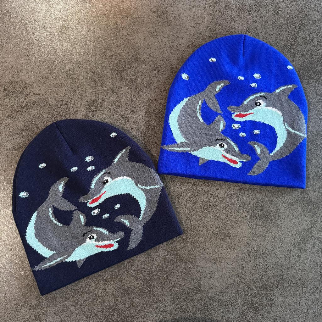 Acrylic Knit Hat With Cartoon Dolphin Embroidery Design For Daily Seasons Cold
