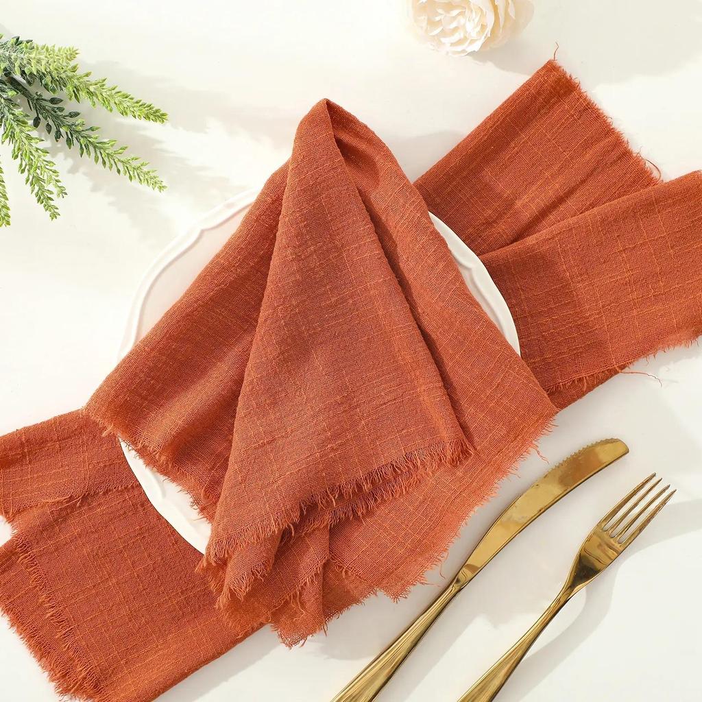 6pcs 32x32cm 100% Cotton soft beige Gauze C Wedding Napkins Reusable Blue Trim Tea Towel Rustic Retro Burrs napkins For Dinner,Party,Weddings
