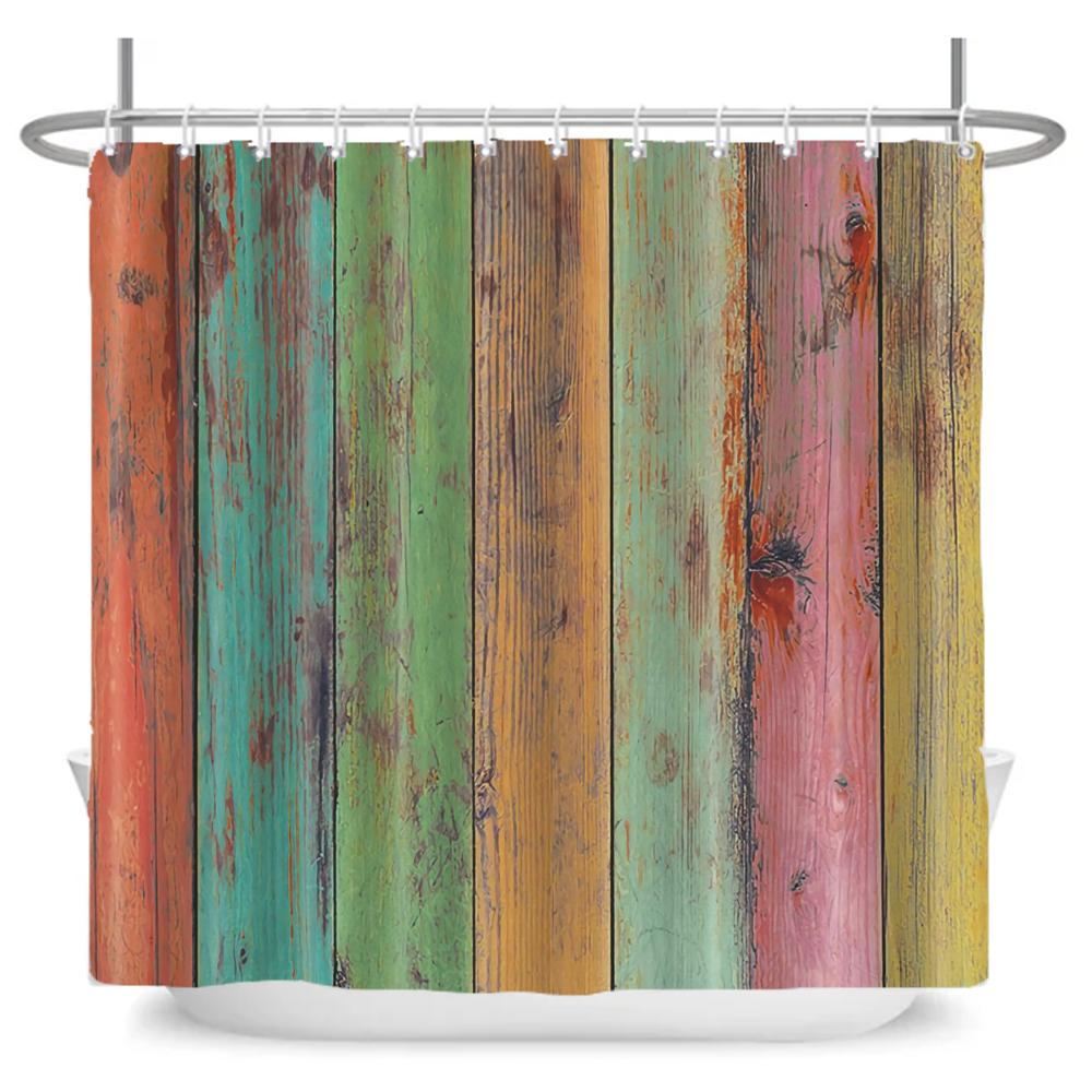 Rustic Shower Curtain, Vintage Vertical Wood Planks Distressed Rustic Hardwood Design,Fabric Bathroom Curtain Decor with Hooks