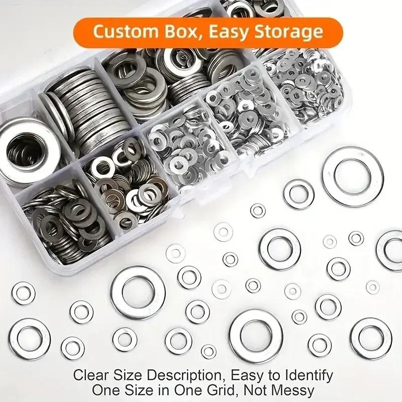 

ZEXEF Stainless Steel Flat Washer Plain Gaskets Metal Washers Rings Gasket Screw Assortment Kits M2 M2.5 M3 M4 M5-M12 Wholesale 360Pcs білий