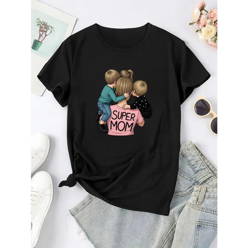 European size Women's Super Mom Print T-Shirt - Short Sleeve Round Neck Casual Top with "Super Mom" & "Mom" Text, Comfortableel