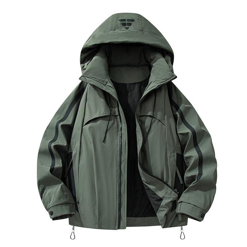 Men's Hooded Down Jacket with Stripes - Winter Casual Outerwear for Cold Protection and Mountaineering