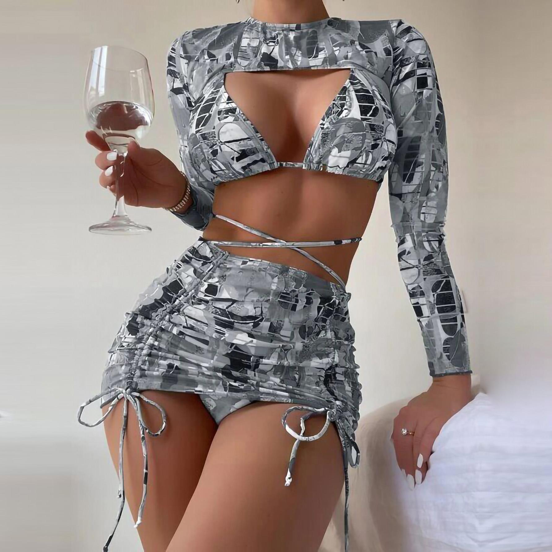 

Купальник женский, разделенный комплект из трех предметов, с высокой талией, с кулиской и принтом, с длинными рукавами и круглым вырезом, на шнуровке, бикини, костюмы S