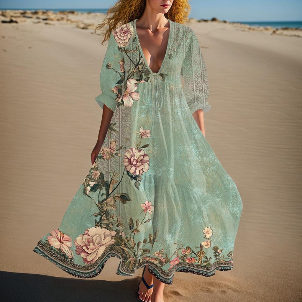 Women's Summer Fashion V-neck Retro Floral Print Short Sleeved Beach Dress With Lace Patchwork Dress