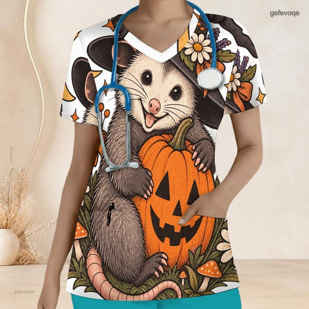 Women Plus Size V Neck Short Sleeve Scrub Top Cowboy Hat Pumpkin Sunflower Cactus Halloween Print Nurse Uniform Top