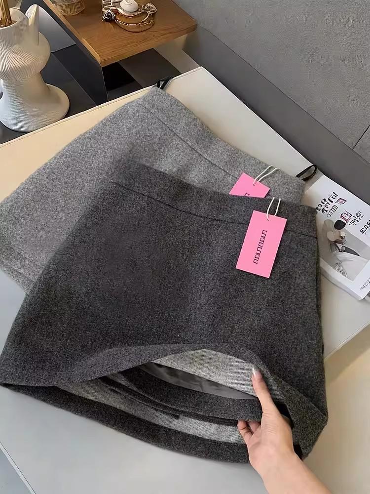 Women's High Waist Gray Wool Blend A-line Skirt - Petite Plus, Autumn/Winter 2026 Collection, Elastic Hip Wrap, Short Length