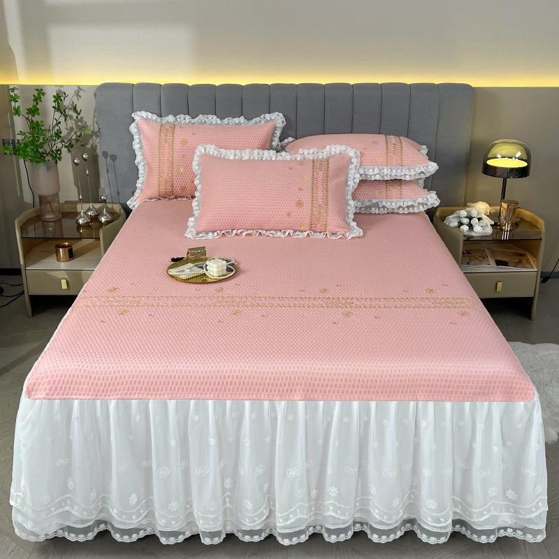 Class a Cool Feeling Ice Silk Covoraș de vară Fusta de pat Trei piese Princess Style Ins Air Conditioning Covoraș moale Dantela Lenjerie de pat