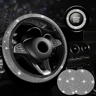 4Pcs Car Steering Wheel Cover Auto Water Coaster Vehicle One-key Start Stop Stickers Bling Car Women Accessories Set