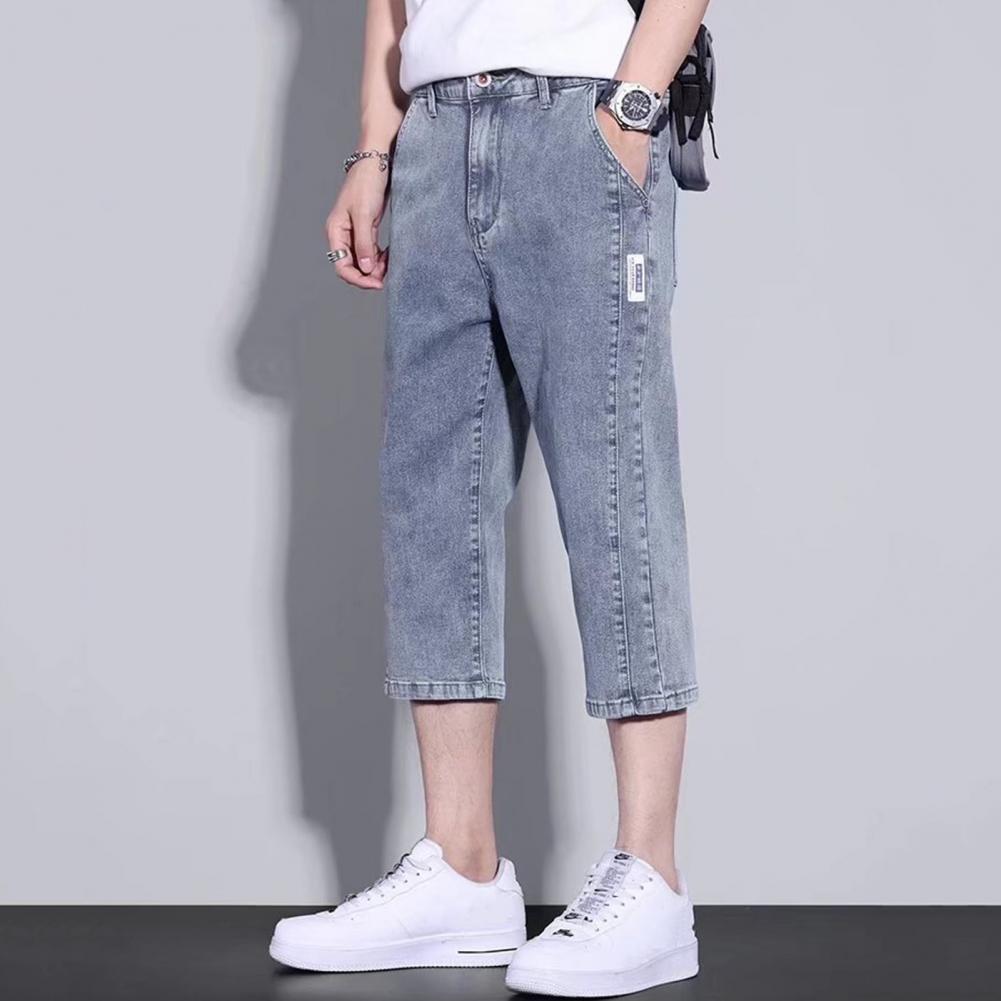 Jeans Corti da Uomo Stile Gamba Dritta Tinta Unita Pantaloni Denim a Metà Polpaccio Chiusura con Bottone e Cerniera Pantaloni Estivi Sottili Corti