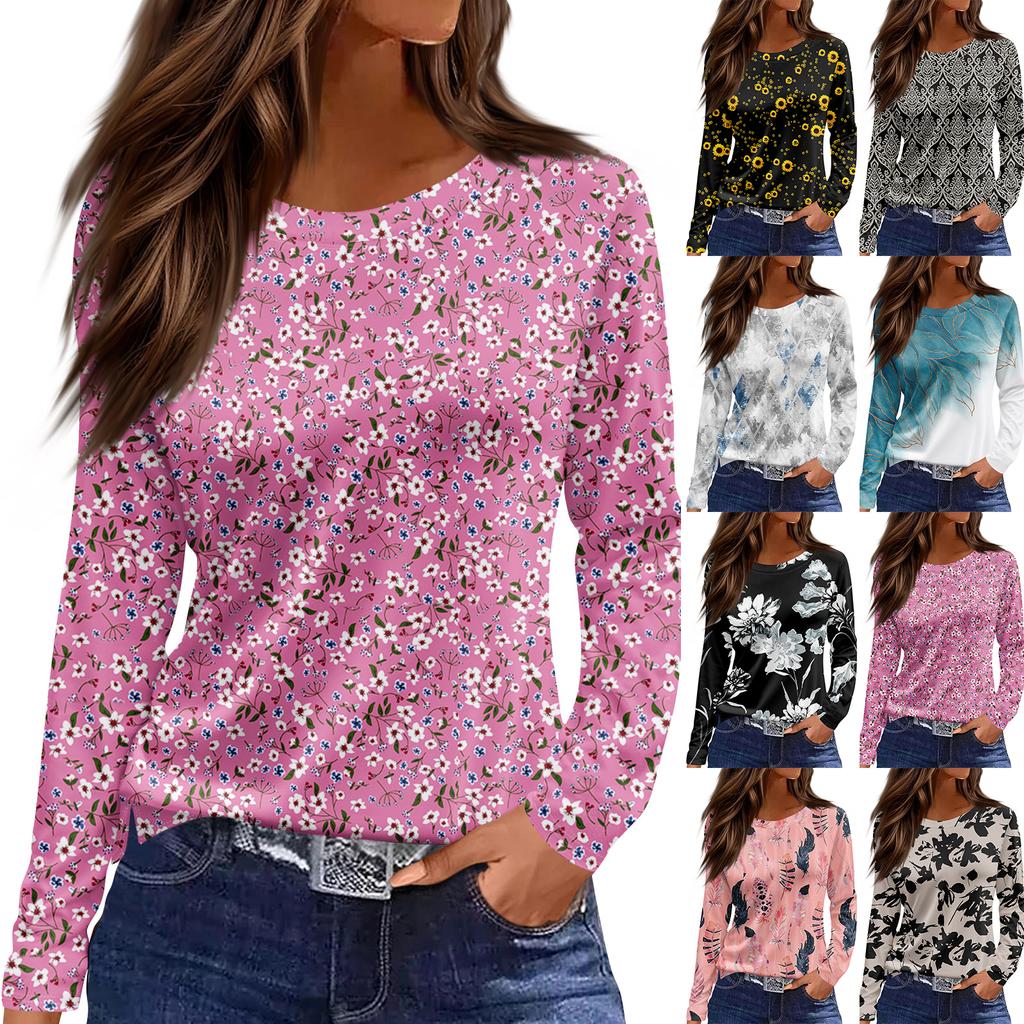 Mote dame casual splittkant rund hals langermet løs trykket t-skjorte dametopp