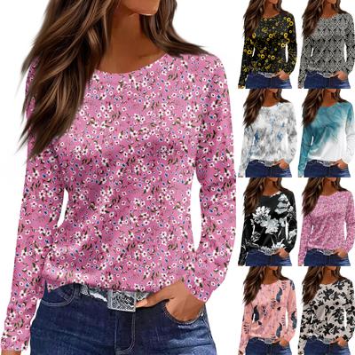 Women's Fashion Casual Slit Hem Round Neck Long Sleeve Loose  Printed T-Shirt Ladies Top