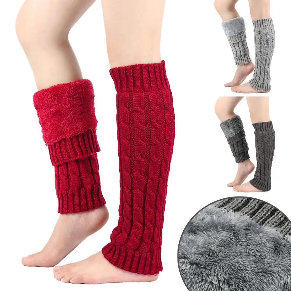 1 Pair Women Knitted Leg Warmers Winter Warm Wool Boot Covers Fleece-Lined Thicken Warm High Leg Cover Crochet Long Heap Socks