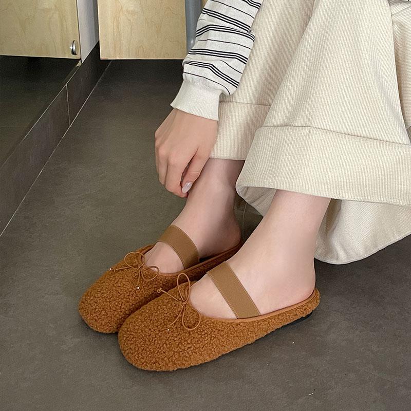 Mode Winter Warm Damen Flach mit Fellschuhen Mode Schmetterlingsknoten Damen Pantoletten Fell Hausschuhe Lässig Outdoor Indoor Weibliche Pantoletten