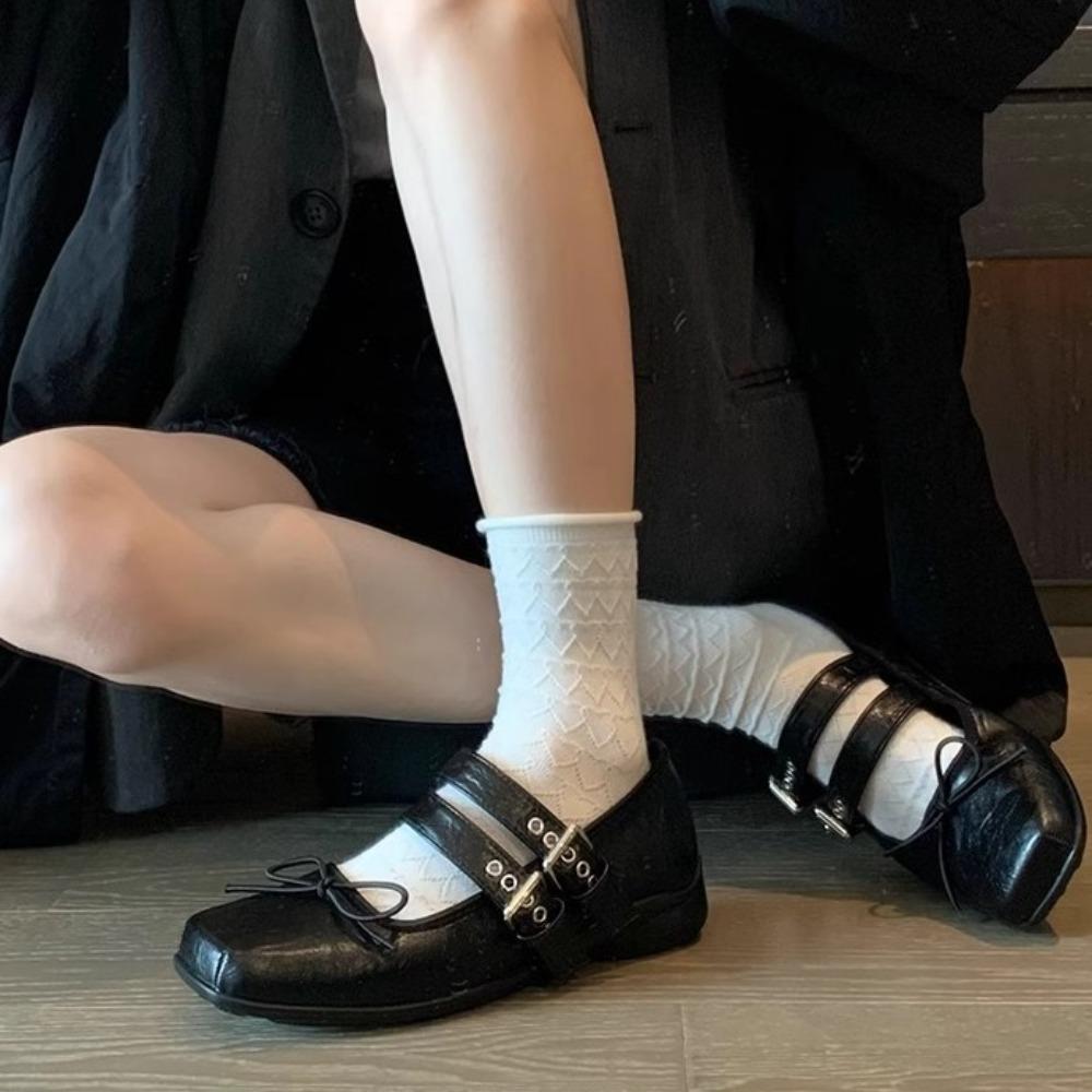 Flats for Women's Summer Bow Square Toe Straight Buckle Mary Jane Leather Shoes Womens Flat Bottom Shallow Mouth Pumps for Women