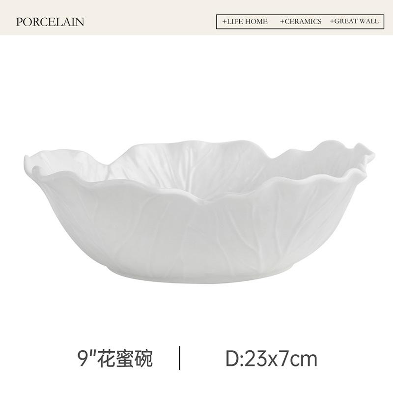 1PC Ceramic flower deep bowl, pure white creative cabbage relief tableware, fruit and vegetable salad bowl tableware