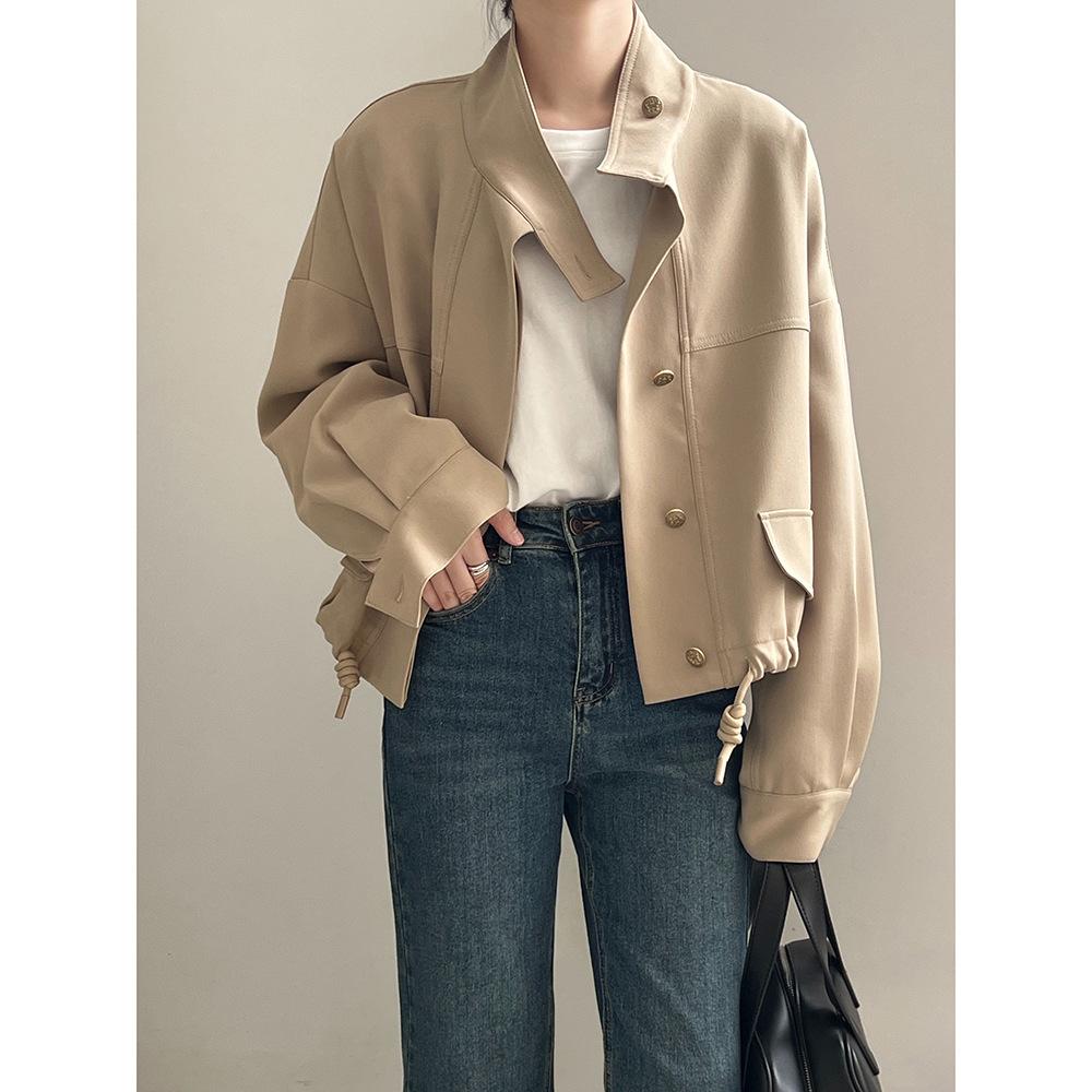 Korean Standing Collar Jacket Cardigan Women's Autumn New Loose Hem Drawstring Short Jacket