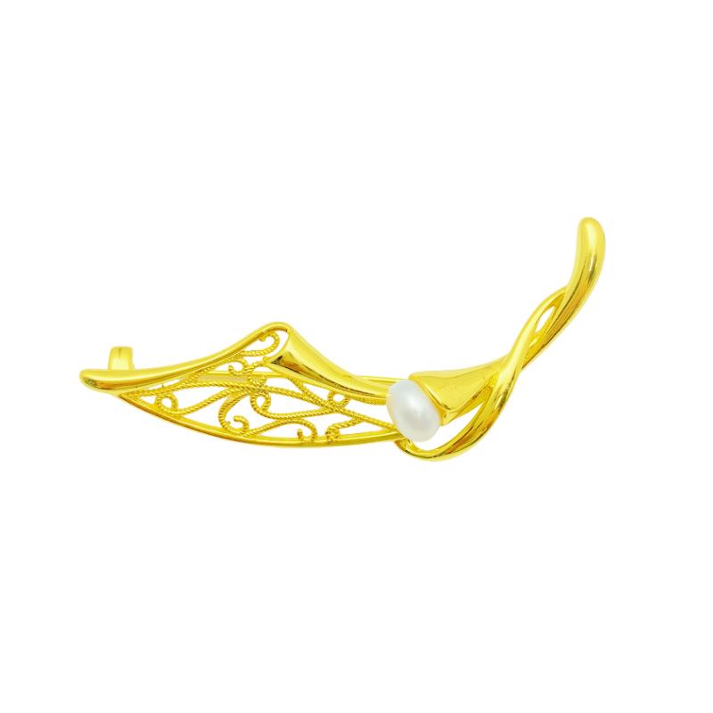 Elegante vergoldete Sterling-Silber-Perlenbrosche – Rankender Zweig mit Hohlblatt-Design