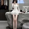 Women's White One-Shoulder Ruffle Long Sleeve Dress: Autumn/Winter Princess Style Gown with Puffy Skirt
