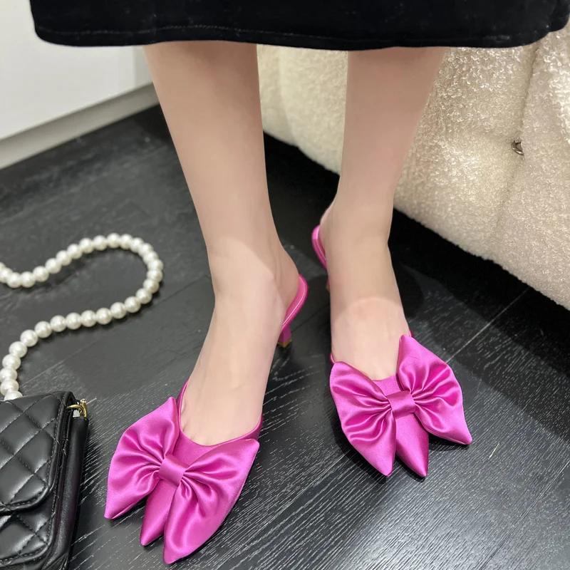 Fashion 2025 Summer Bow Ladies Shoes Fashion Pointed Toe Women Slippers Stiletto High Heel Women Temperament Single Shoes Female