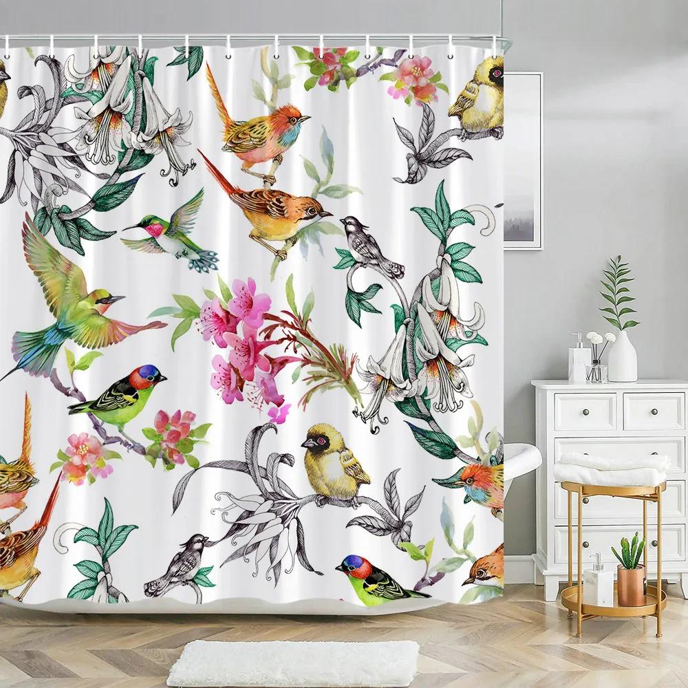 Hummingbird Floral Shower Curtain Watercolor Bird Flower Home Bathroom Decor Polyester Fabric Bathroom Curtain Set Hook Washable