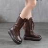 Johnature Genuine Leather Round Toe Thick Soled Mid-calf Boots Retro Lace Up Side Zipper Versatile Women's Boots