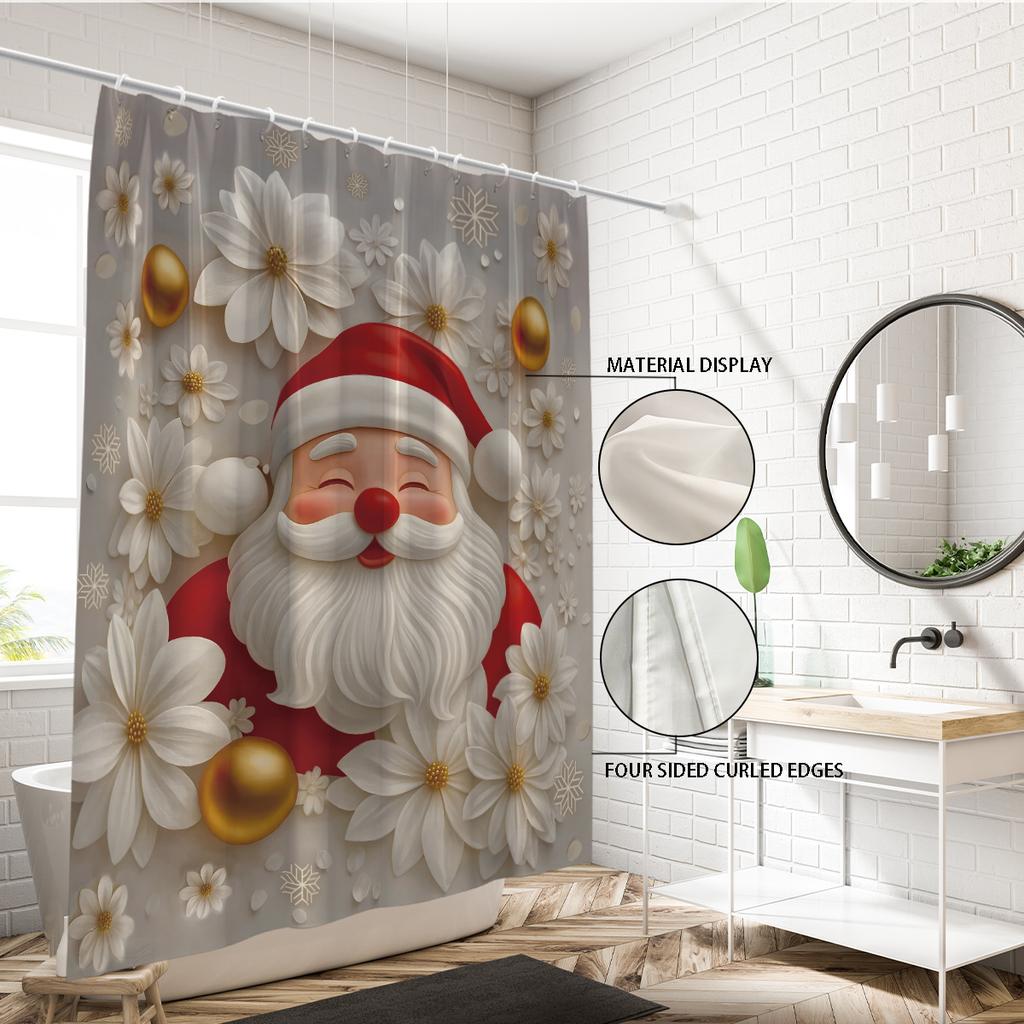 1pc Santa Claus Printed Waterproof Shower Curtain Bathe Partition Curtain with 12 Hooks for Privacy Protection Easy Installation
