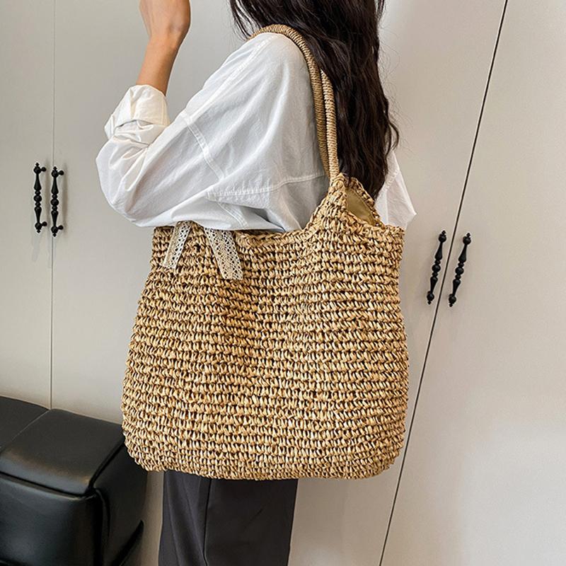 Yogodlns Woven Beach Bag Vintage Handmade Woven Shoulder Bag Raffia Rattan Bags Bohemian Ladies Summer Travel Vacation Casual Tote Bag