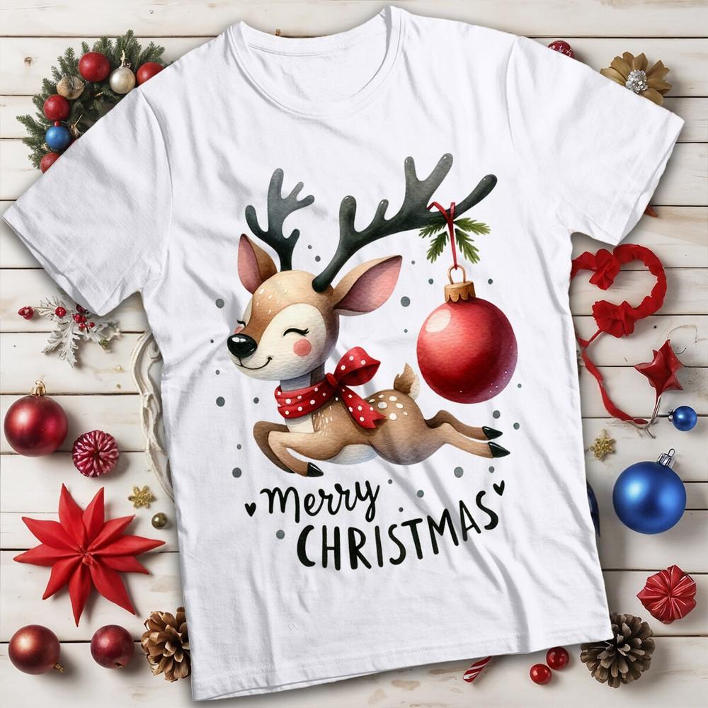 

Mens and Womens Cute Cartoon Reindeer Christmas T-Shirt Tee #MC M