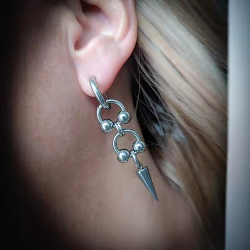 Gothic Punk Stainless Steel Rivet Spike Double Ring Earrings for Women