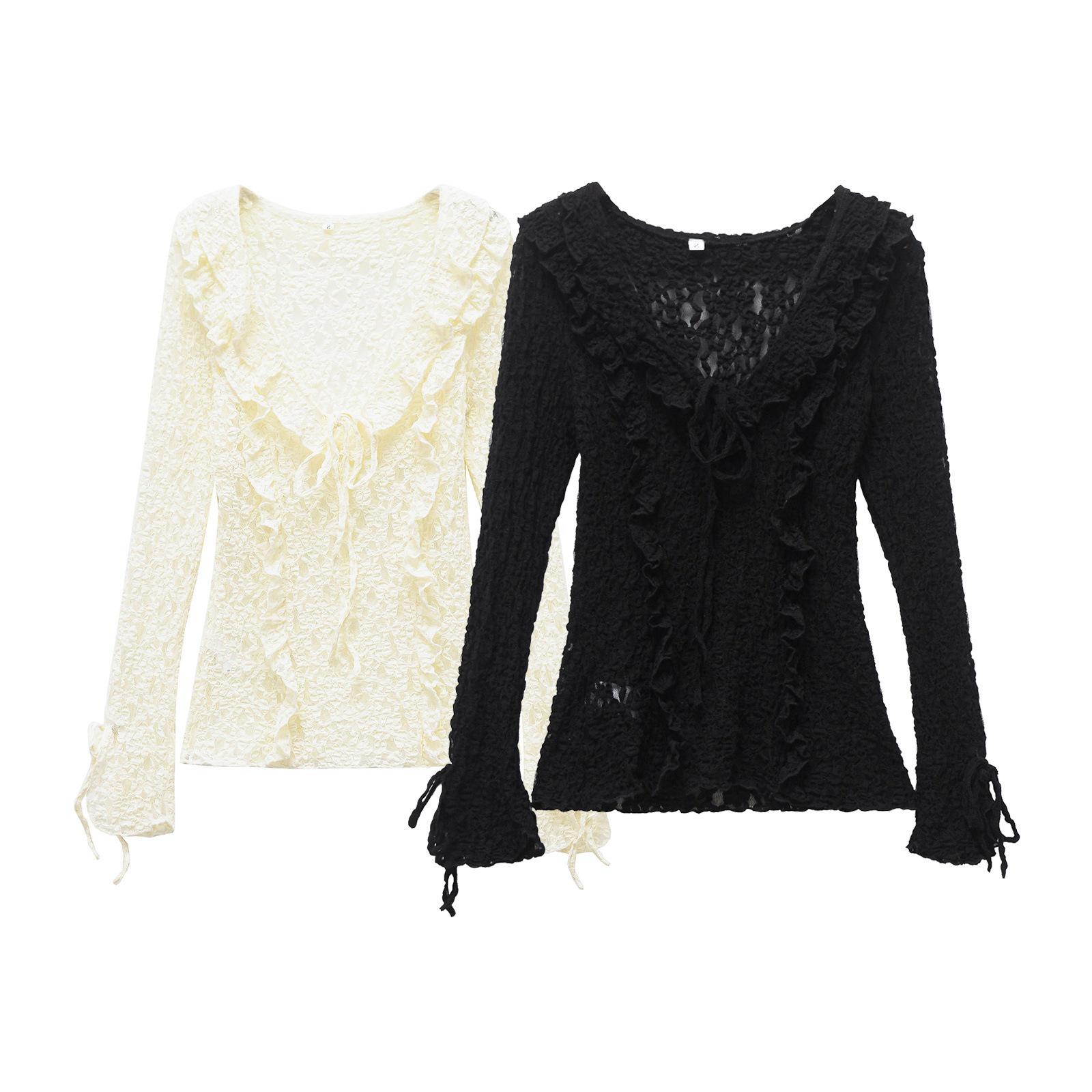 

Женская блузка с V-образным вырезом, кружевными слоями и длинными рукавами - Коллекция весна/лето Large грязно-белый