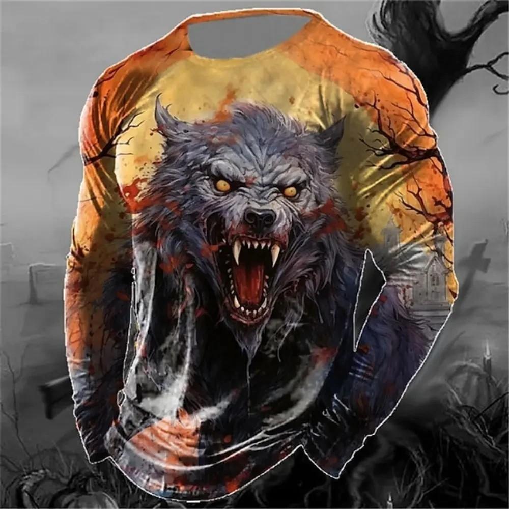 Men's Spring And Autumn Personality Retro Animal Wolf 3d Printed Round Neck Long Sleeve T-Shirt Casual Loose Breathable Jumper