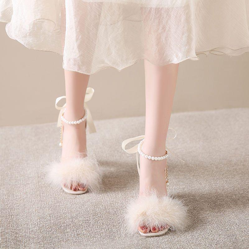 Fashion Women's Sandals White Bow Block Pearl Ladies Shoes Heel Comfortable and Elegant Summer 2025 Vintage Designer Korea Comfort Vip