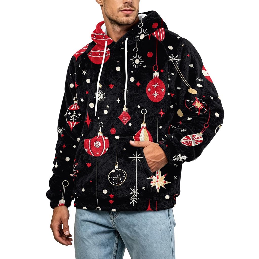 Men's Christmas Print Flannel Hoodie Plus Size Casual Hooded Sweatshirt for Fall and Winter