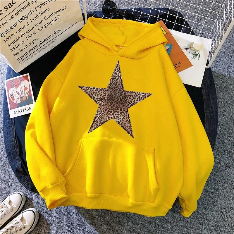 Sweatshirts Pullovers Vintage à Manches Longues pour Femmes Regular Gothique Automne Hiver à Capuche Streetwear Imprimé Léopard Étoile Y2k Sweats à Capuche