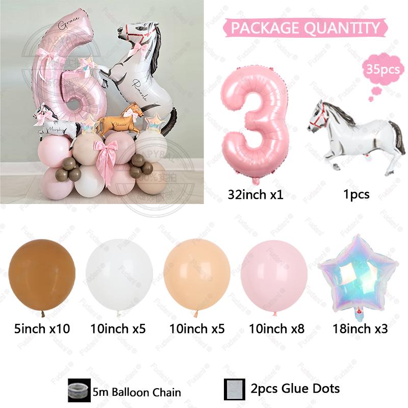 35pcs Horse Farm Party Themed Balloon Kit with 32inch Large Pink Number Baloons Western Cowgirl 1-9 Years Birthday Party Supplie