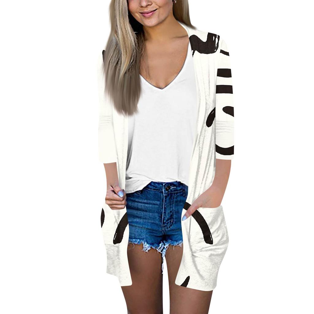 Damenmode Locker Lässig Tasche Bedruckt Strickjacke Siebenärmel Jacke Oberteil