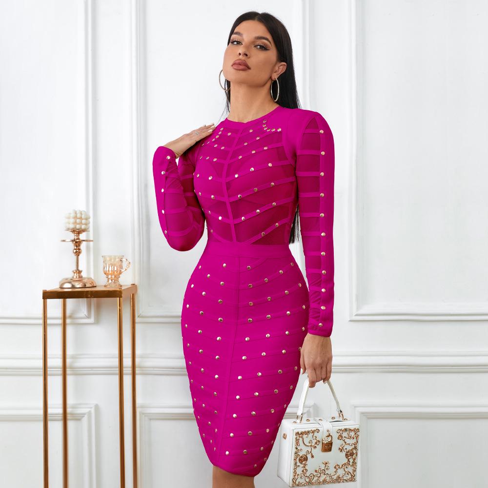 2024 European & American Long Sleeve Black Beaded Bandage Mesh Evening Gown X-Large маджента