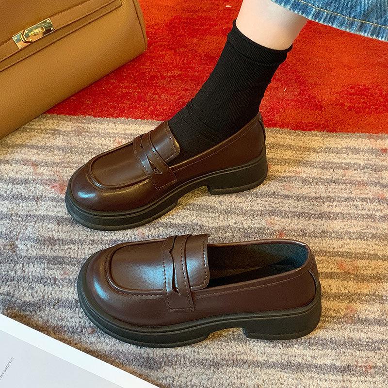 Mocassins Femininos 2025 Primavera Estilo Japonês Preto Sola Grossa - Sapatos Slip-On para Uniforme JK