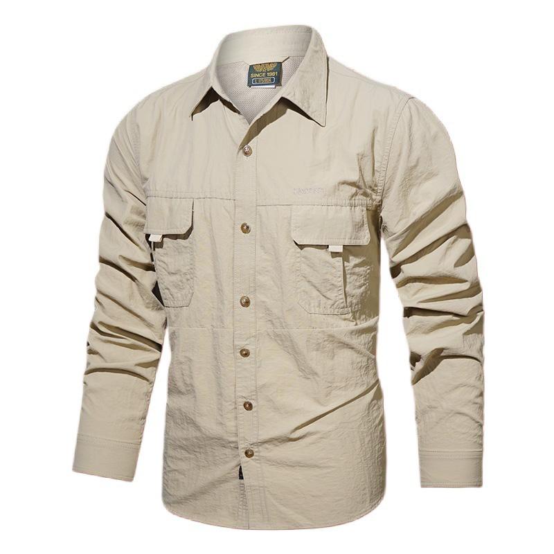 Mens Lightweight Quick-Dry Work Shirt With Multiple Pockets Loose Fit Cotton Long Sleeve Outdoor Casual