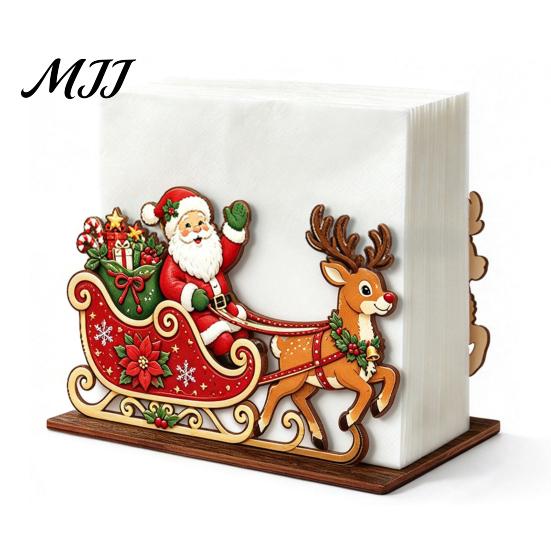 Decorative Wooden Napkin Stand Christmas Tissue Holder, Dispenser with Santa Gingerbread House Elk Pattern, Organizer for Dining Table Kitchen Holiday