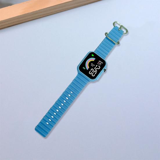 

Светодиодные электронные часы с квадратным радужным циферблатом, сплошной цвет, мягкий противоскользящий ремешок, регулируемый детский студент, повседневные спортивные цифровые наручные часы, подарок на день рождения